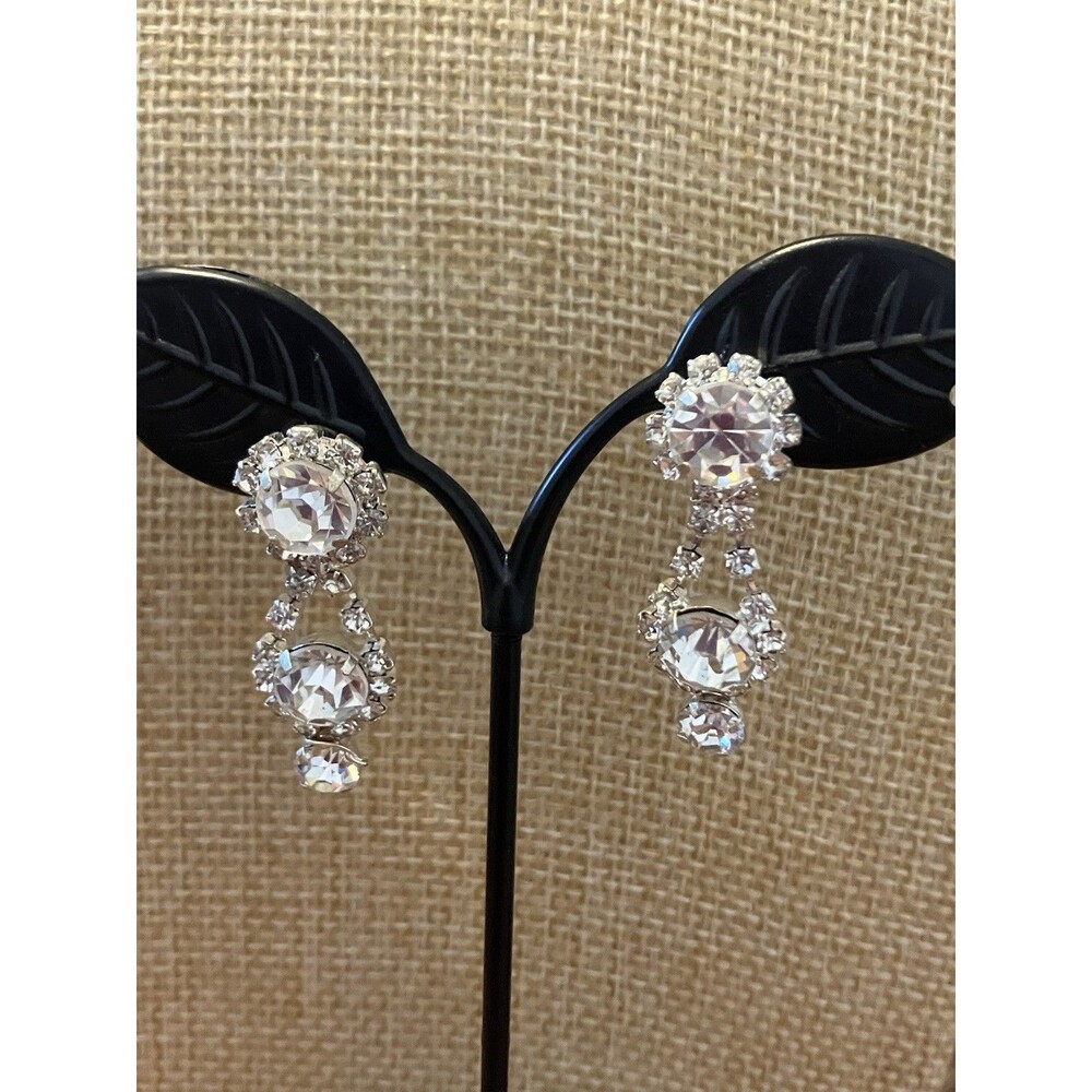Silver Tone Crystal Rhinestone Teardrop Dangle Earrings Glam Bridal Prom Pageant